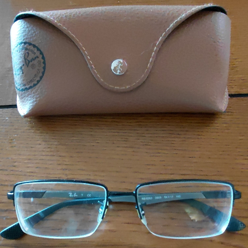 Ray-Ban Black Rectangular Semi- Rimless Metal Eyeglasses with Tan Case
